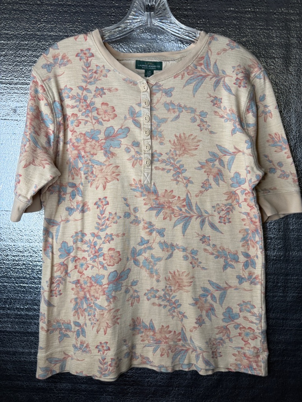 Lauren Ralph Lauren Cream Floral Henley Tee with Pink & Blue Accents